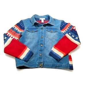 Real Comfort Southwestern Sweater Denim Trucker Jacket Woman Med Navajo Tribal